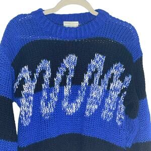 Vintage Deb Sweater Acrylic Blue Black Stripe Sz Medium